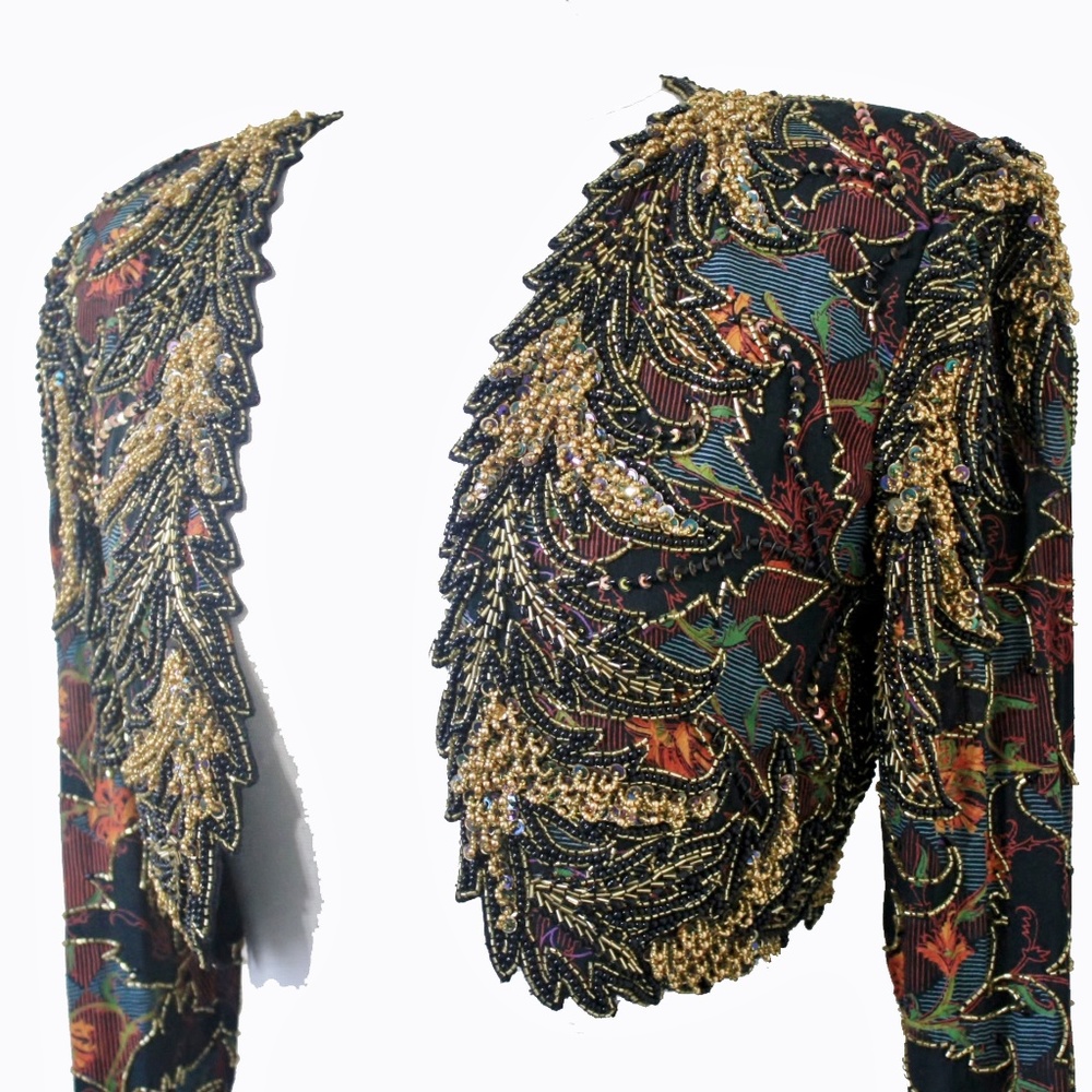 Jasdee Vintage Bolero Jacket HandWork,BeadSequins & HandPrint On Silk Style 2020